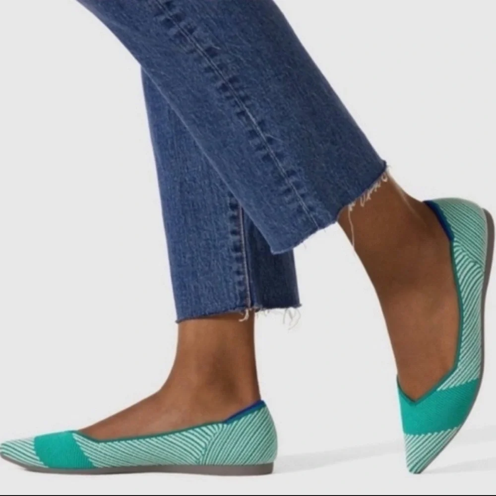Rothy’s -women’s The pointed toe flats green teal striped knit ballet shoes 11.5
